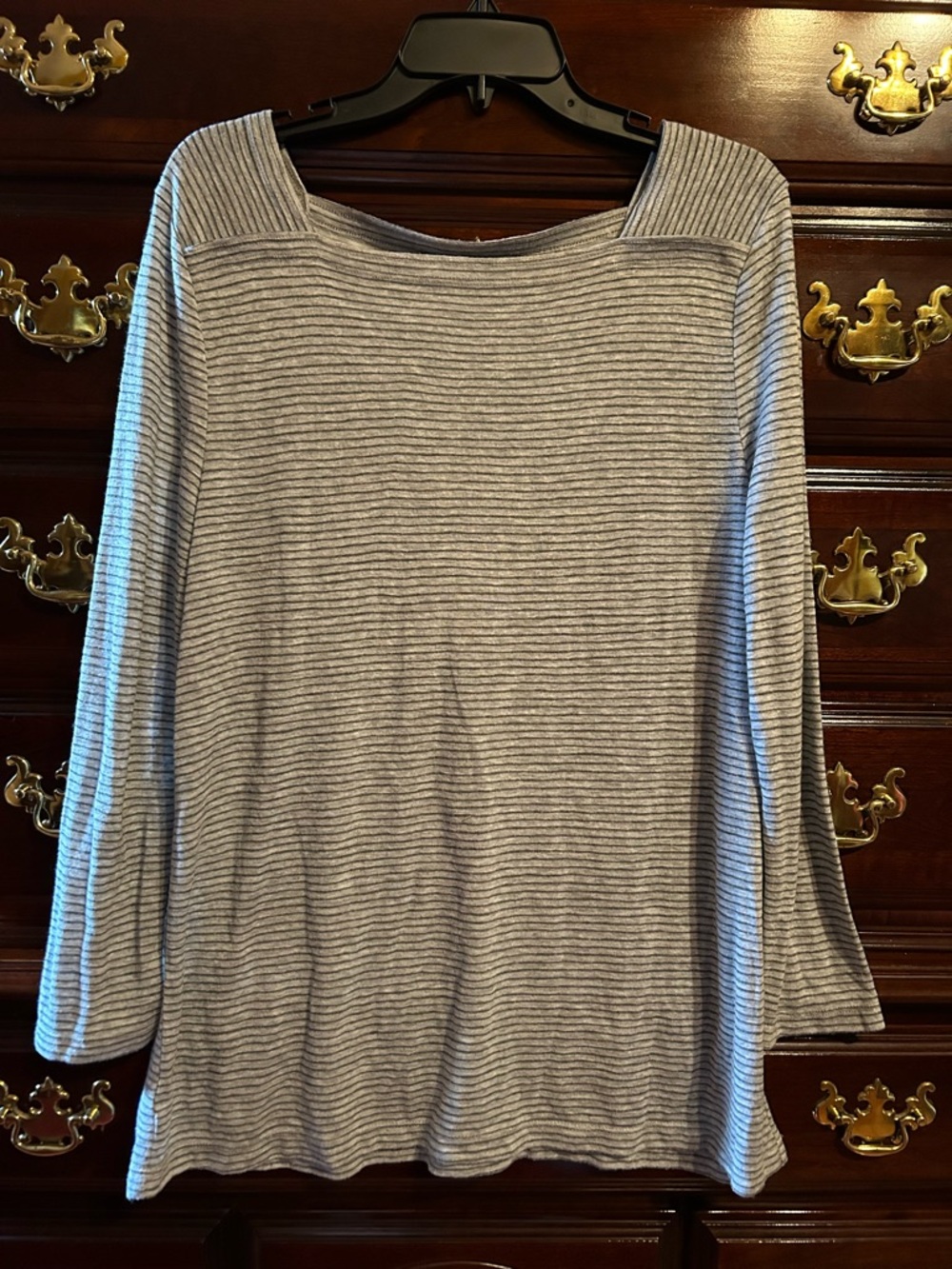 LOFT Light Gray Striped Long Sleeve Boatneck Top, Size XL